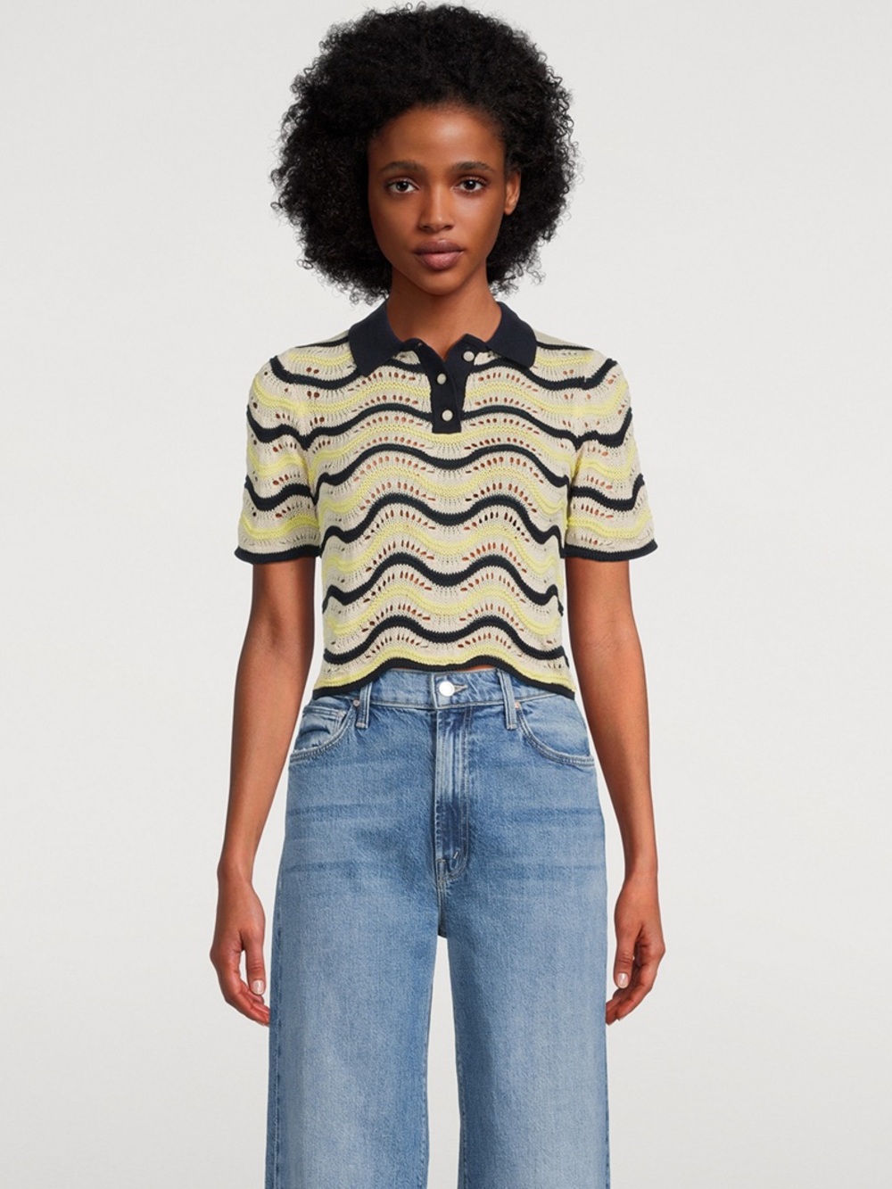 KOTN - Sabah Cropped Polo in Yellow, Blue and White - Small - NWOT